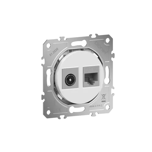 Розетка комбинированная RJ45 cat.5e + TV/SAT простая с разъёмом папа, цвет глянцевый белый, серия D16, Donel