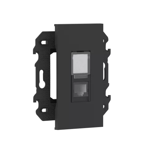 Розетка RJ45 компьютерная cat5e UTP, 1 порт, в сборе с суппортом, цвет чёрный матовый