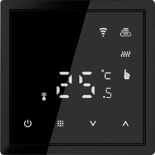 Термостат с датчиком пола программируемый через приложение, с Wi-Fi, 16A, размер накладки 70х70мм, цвет стекло черное. Для установки в рамки с внутренним размером 70х70мм. Рамка в комплект поставки не входит.