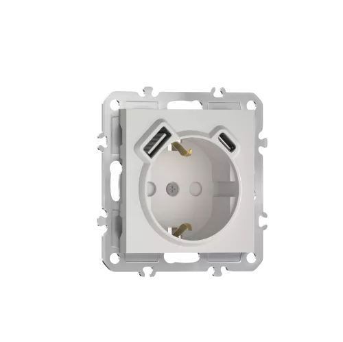 Розетка 220В с заземлением, со шторками, 16А + зарядка USB A+C 20W, на винтах, матовый белый Donel A07