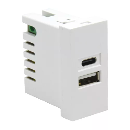 USB-зарядка 2100мA типа A+С, 1 модуль, 22.5х45мм, цвет белый