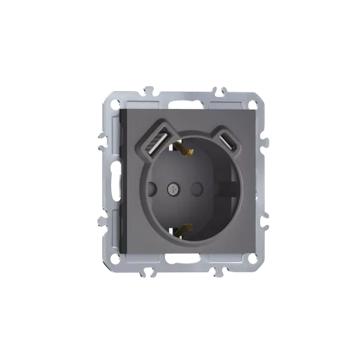Розетка 220В с заземлением, со шторками, 16А + зарядка USB A+C 20W, на винтах, матовый серый Donel A07