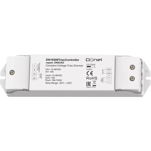 Triac контроллер, напряжение питания 12-48V DC, 1х15А, выходная мощность 1×(180-720)W, Push-Dim