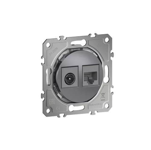 Розетка комбинированная RJ45 cat.5e + TV/SAT простая с разъёмом папа, цвет сталь, серия D16, Donel