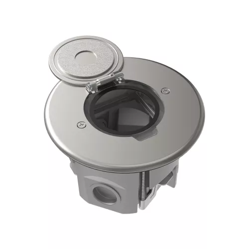 Лючок для электроустановочных изделий стандарта 45х45, установка 1 модуля 45х45мм, IP44, круглый, с круглой крышкой, с универсальным установочным набором, цвет никель