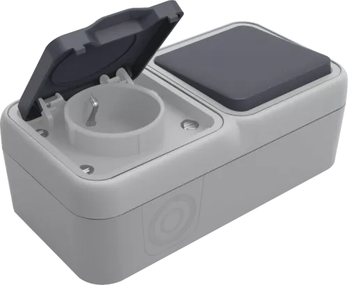 Двойной блок накладной IP55 - розетка Schuko с заземлением со шторками с крышкой 16А 250В на винтах + выключатель 1-клавишный проходной накладной 10A 250В, цвет серый, серия W55 Donel