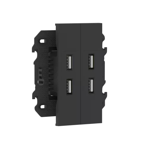 Зарядное устройство USB типа A+A+A+A, ток до 2x2100мА, в сборе с суппортом, цвет чёрный матовый