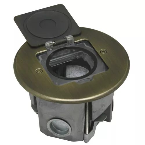 Лючок для электроустановочных изделий стандарта 45х45, установка 1 модуля 45х45мм, IP44, круглый, с квадратной крышкой, с универсальным установочным набором, цвет античная латунь