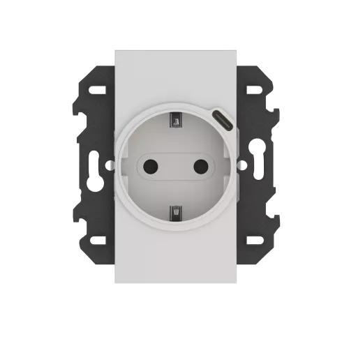 Розетка на 220v + USB типа С, с накладкой на 2м, с/з, шторки, 16А, в сборе с суппортом, винты, цвет серый