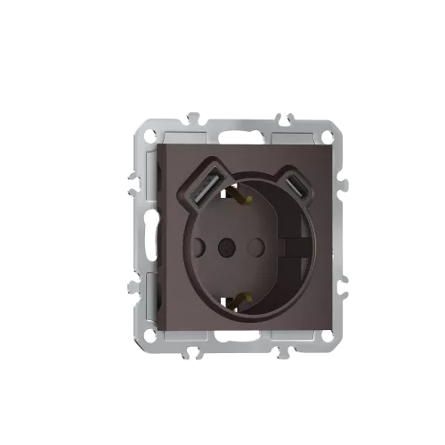 Розетка 220В с заземлением, со шторками, 16А + зарядка USB A+C 20W, на винтах, мокко Donel A07