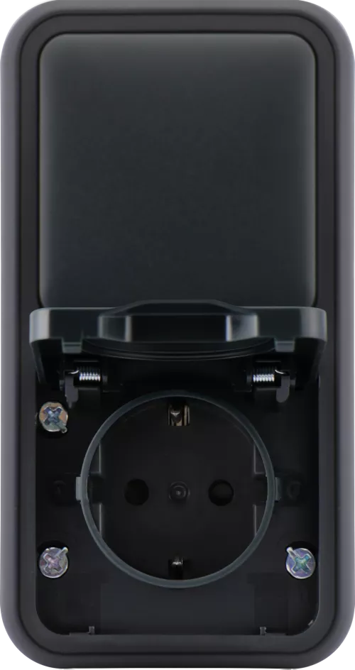 Двойной блок накладной IP55 - розетка Schuko с заземлением со шторками с крышкой 16А 250В на винтах + выключатель 1-клавишный проходной накладной 10A 250В, цвет антрацит, серия W55 Donel