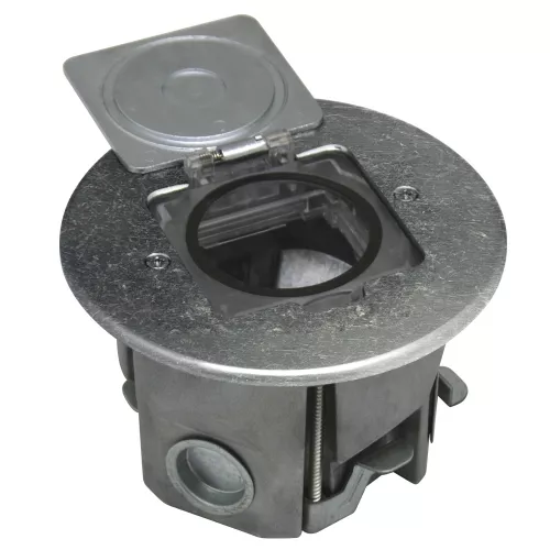 Лючок для электроустановочных изделий стандарта 45х45, установка 1 модуля 45х45мм, IP44, круглый, с квадратной крышкой, с универсальным установочным набором, цвет оцинкованная сталь