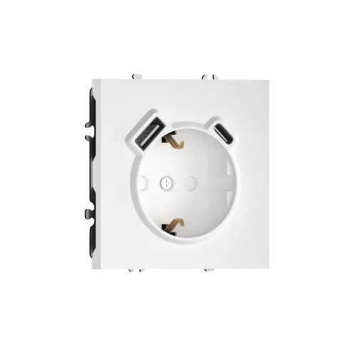 Розетка 220В с заземлением, со шторками, 16А + зарядка USB A+C 20W, на винтах, матовый белый Donel S08