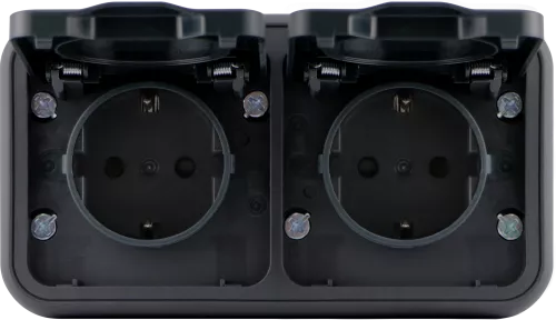 Розетка Schuko с заземлением двойная со шторками с крышкой накладная 16А 250В IP55 на винтах, цвет антрацит, серия W55 Donel