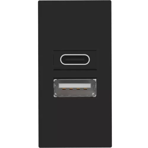 USB-зарядка 2100мA типа A+С, 1 модуль, 22.5х45мм, цвет черный