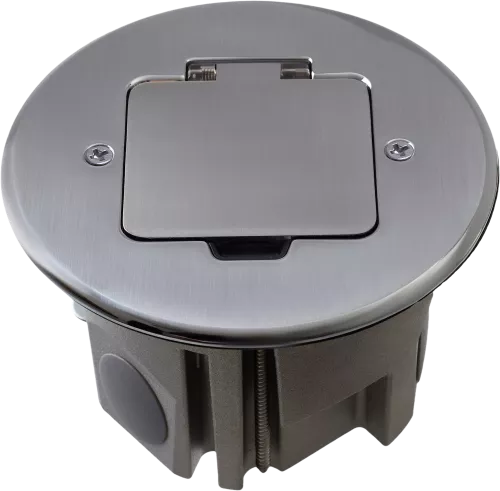 Лючок для электроустановочных изделий стандарта 45х45, установка 1 модуля 45х45мм, IP44, круглый, с квадратной крышкой, с универсальным установочным набором, цвет полированное серебро