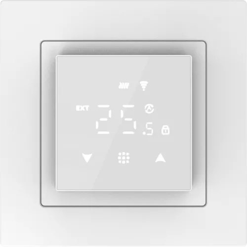 Термостат с датчиком пола и воздуха программируемый, с Wi-Fi, 16A, размер накладки 45х45мм, цвет стекло белое