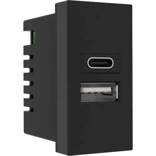 USB-зарядка 2100мA типа A+С, 1 модуль, 22.5х45мм, цвет черный
