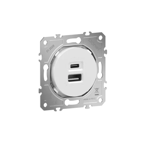 USB-зарядка типа A+С 2400мA 12Вт, цвет глянцевый белый, серия D16, Donel