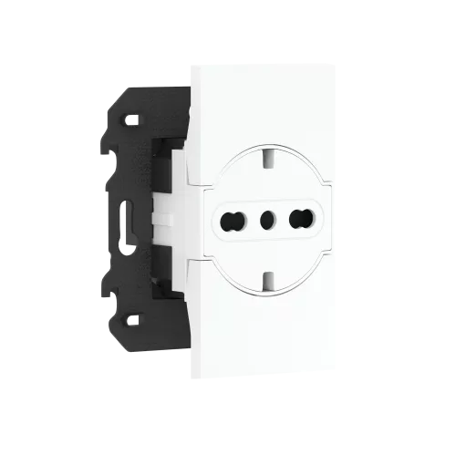 Розетка на 220v с плоской лицевой панелью с накладкой на 2м, с/з, шторки, 16А, винты, в сборе с суппортом, цвет белый матовый