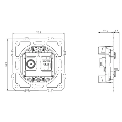 Механизм розетки RJ45 cat.5 + TV 0-2400 МГц, комбинированная розетка на 2 выхода (компьютер + телевизор) для серий A07/S08, Donel
