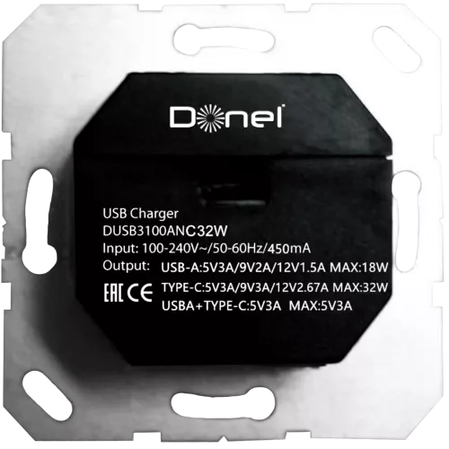 Розетка USB для зарядки двойная тип A + тип C на 3100mA, тип A:max 18W, тип С:max 32W, производство Donel, механизм без накладки, чёрный