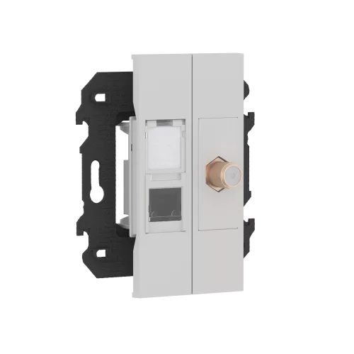 Розетка комбинированная TV/SAT простая с F-разъёмом + компьютерная RJ45 cat5e UTP, в сборе с суппортом, цвет серый матовый