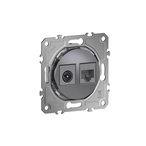 Розетка комбинированная RJ45 cat.6 + TV/SAT простая с разъёмом папа, цвет сталь, серия D16, Donel