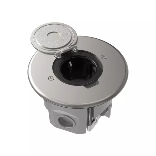 Лючок для электроустановочных изделий стандарта 45х45, установка 1 модуля 45х45мм, IP44, круглый, с круглой крышкой, с универсальным установочным набором, цвет никель