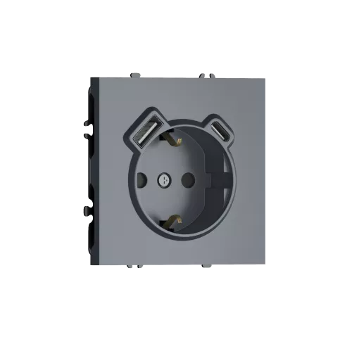 Розетка 220В с заземлением, со шторками, 16А + зарядка USB A+C 20W, на винтах, сталь Donel S08