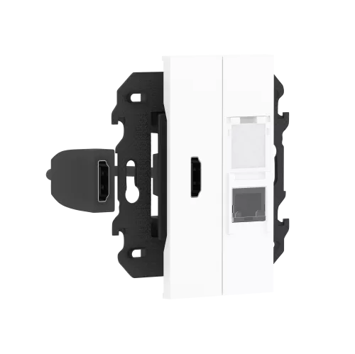 Розетка комбинированная HDMI с подключённым разъёмом + компьютерная RJ45 cat6 UTP, в сборе с суппортом, цвет белый матовый