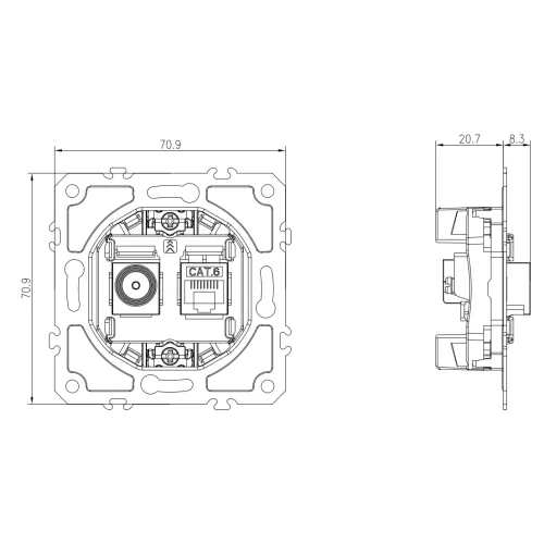 Механизм розетки RJ45 cat.6 + TV 0-2400 МГц, комбинированная розетка на 2 выхода (компьютер + телевизор) для серий A07/S08, Donel