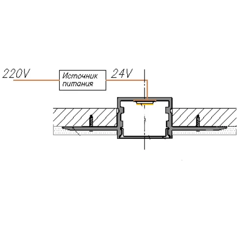 Встраиваемый алюминиевый профиль под шпаклевку, сечение 60,3х15мм, длина 2 метра, в комплекте матовый экран, 4 торцевые заглушки, цвет анодированный алюминий