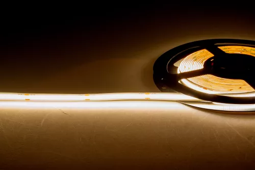 Лента светодиодная COB тёпло-белая DC24V 14W/m 3000K 1260Lm/m 512д/м CRI>95 IP20, упаковка 5 метров, ширина 10мм, высота 2мм, самоклейкая