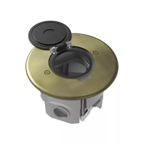 Лючок для электроустановочных изделий стандарта 45х45, установка 1 модуля 45х45мм, IP44, круглый, с круглой крышкой, с универсальным установочным набором, цвет античная латунь