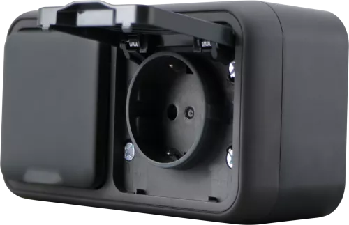 Розетка Schuko с заземлением двойная со шторками с крышкой накладная 16А 250В IP55 на винтах, цвет антрацит, серия W55 Donel