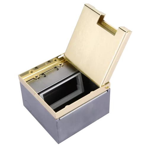 Лючок для электроустановочных изделий стандарта 45х45, вертикальная установка 2 модулей 45х45мм, крышка выравнивается в уровень с напольным покрытием, металл, цвет латунь