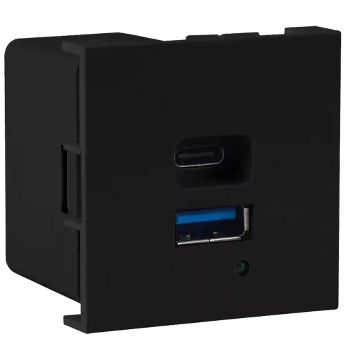 USB-зарядка 3000мA типа A+С, быстрая зарядка 65W, 2 модуля, 45х45мм, цвет черный матовый