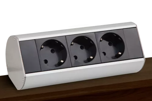Розеточный блок Ovaledesign для установки на столешницу, на 3 розетки 45х45 мм, в сборе, цвет алюминий + черный