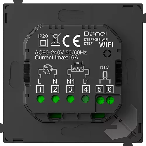 Термостат с датчиком пола программируемый через приложение, с Wi-Fi, 16A, размер накладки 70х70мм, цвет стекло черное. Для установки в рамки с внутренним размером 70х70мм. Рамка в комплект поставки не входит.