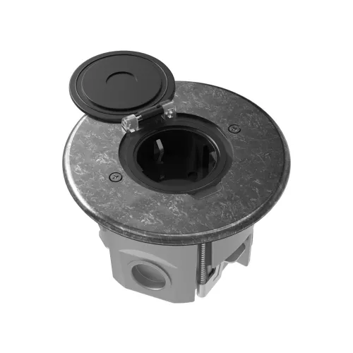 Лючок для электроустановочных изделий стандарта 45х45, установка 1 модуля 45х45мм, IP44, круглый, с круглой крышкой, с универсальным установочным набором, цвет оцинкованная сталь