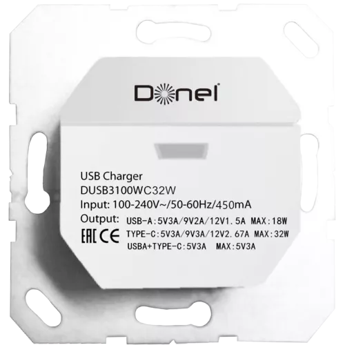 Розетка USB для зарядки двойная тип A + тип C на 3100mA, тип A:max 18W, тип С:max 32W, производство Donel, механизм без накладки, белый