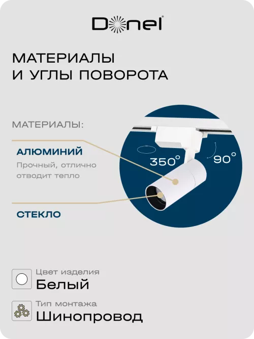 Светильник для однофазного шинопровода 10Вт, 800Лм, 36°, 3000К, D55хH120мм, поворотный, IP20, Ra>80, встроенный блок питания, цвет - белый