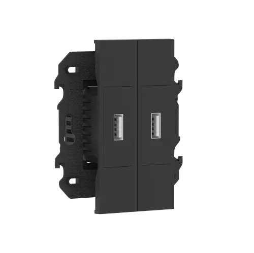 Зарядное устройство USB типа A+A, ток до 2x2100мА, в сборе с суппортом, цвет чёрный матовый