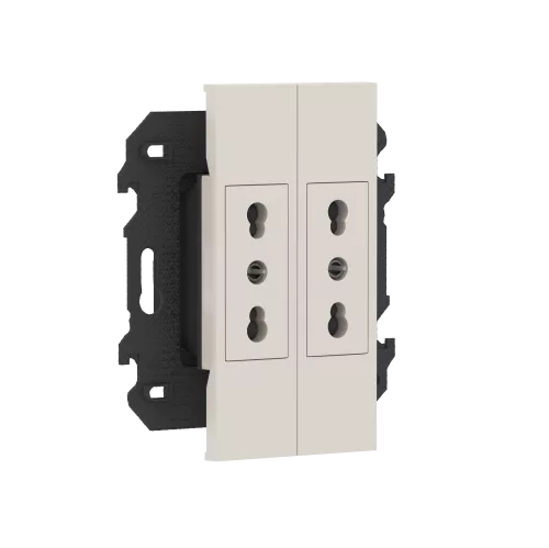 Розетка на 220v для двух узких вилок, без заземления, шторки, 16А, винты, в сборе с суппортом, цвет песочный матовый