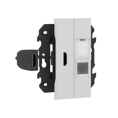 Розетка комбинированная HDMI с подключённым разъёмом + компьютерная RJ45 cat5e UTP, в сборе с суппортом, цвет серый матовый