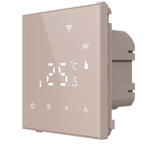 Термостат с датчиком пола программируемый через приложение, с Wi-Fi, 16A, размер накладки 70х70мм, цвет стекло кашемир. Для установки в рамки с внутренним размером 70х70мм. Рамка в комплект поставки не входит.