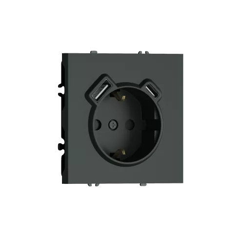 Розетка 220В с заземлением, со шторками, 16А + зарядка USB A+C 20W, на винтах, черный графит Donel S08