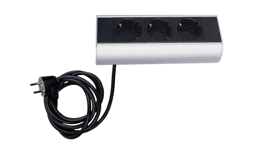 Розеточный блок Ovaledesign для установки на столешницу, на 3 розетки 45х45 мм, в сборе, цвет алюминий + черный