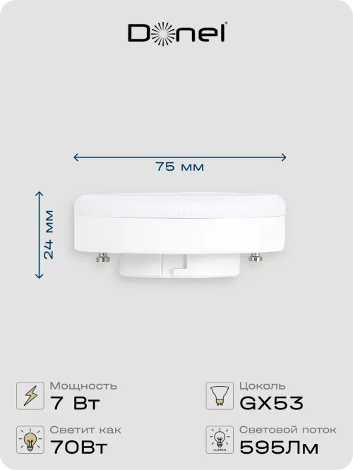 Светодиодная лампа GX53  7Вт 220В 3000K 595Лм Ra>80 110° D75хH24мм
